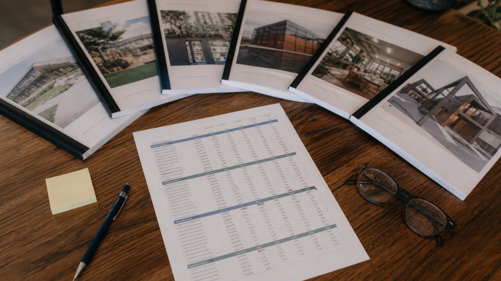 Overhead photograph of an estimator's desk: a printed bid comparison table surrounded by six proposal binders, a pen, and reading glasses.