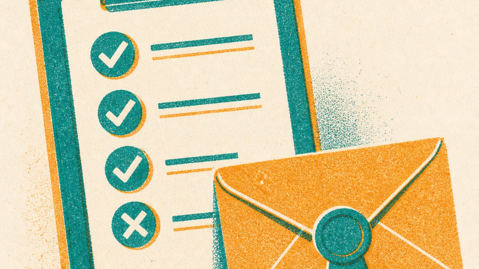 Risograph-style illustration of a checklist with teal ticks and one cross, beside a sealed envelope.