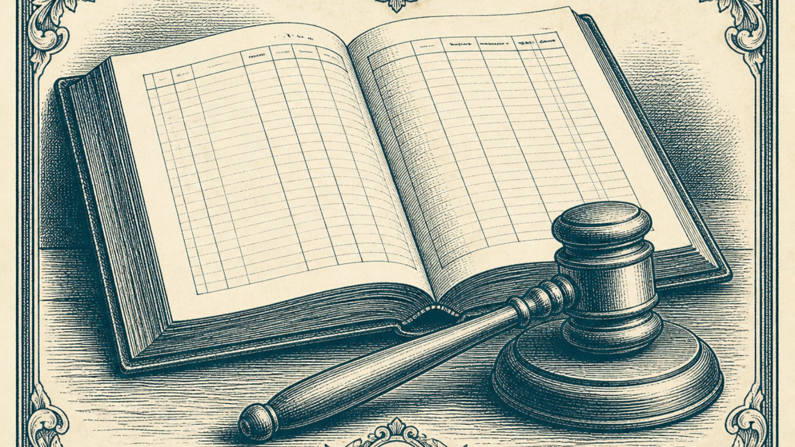 Vintage engraving of an open ledger with ruled columns and a gavel beside it.